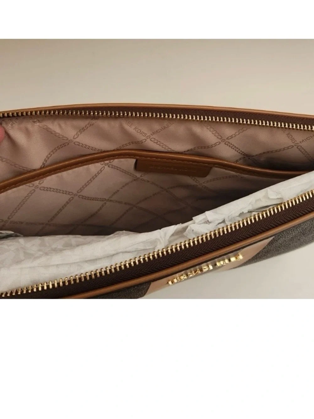 Michael Kors Brown and Black Stripe Signature Wristlet Clutch